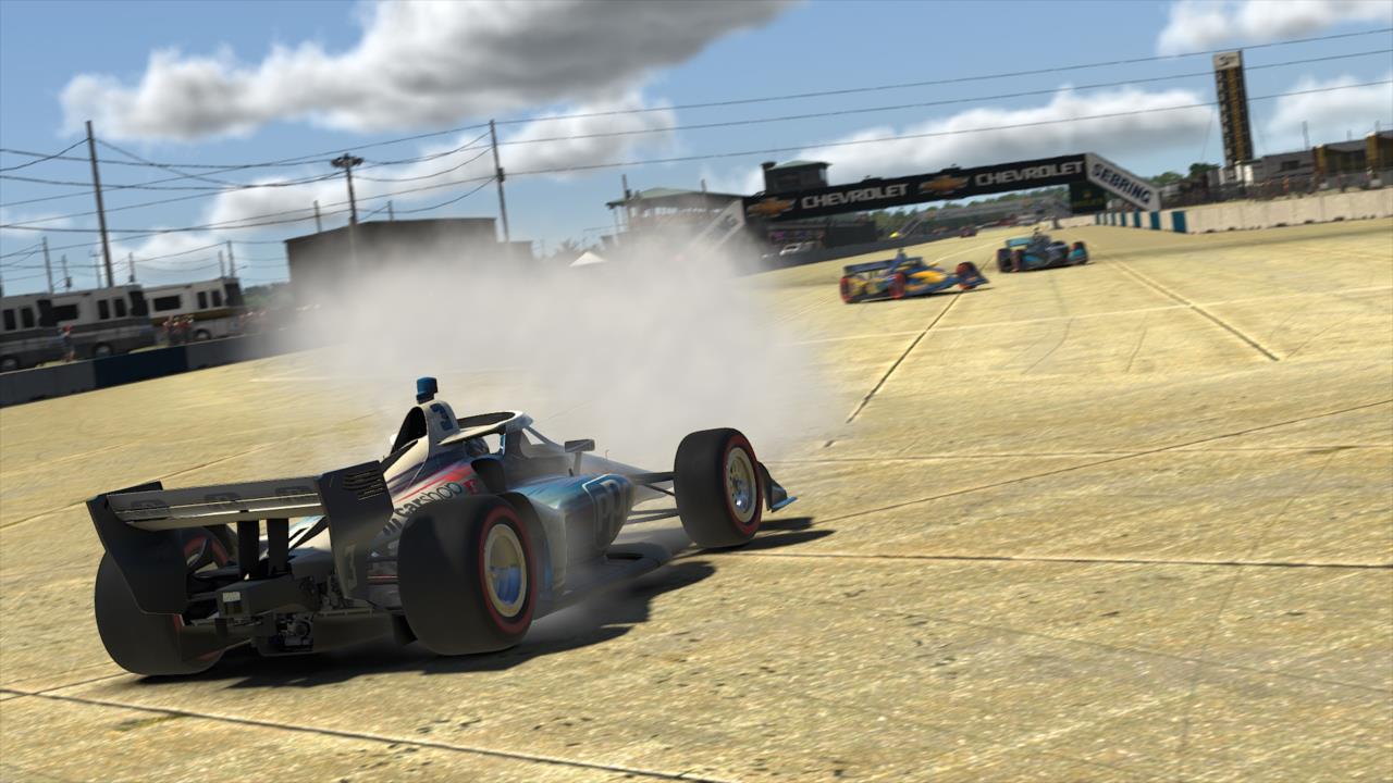 Scott McLaughlin turns some donuts in Turn 1 following his victory in Race 3 of the INDYCAR iRacing Challenge Season 2 at the virtual Sebring International Raceway -- Photo by:  Photo Courtesy of iRacing